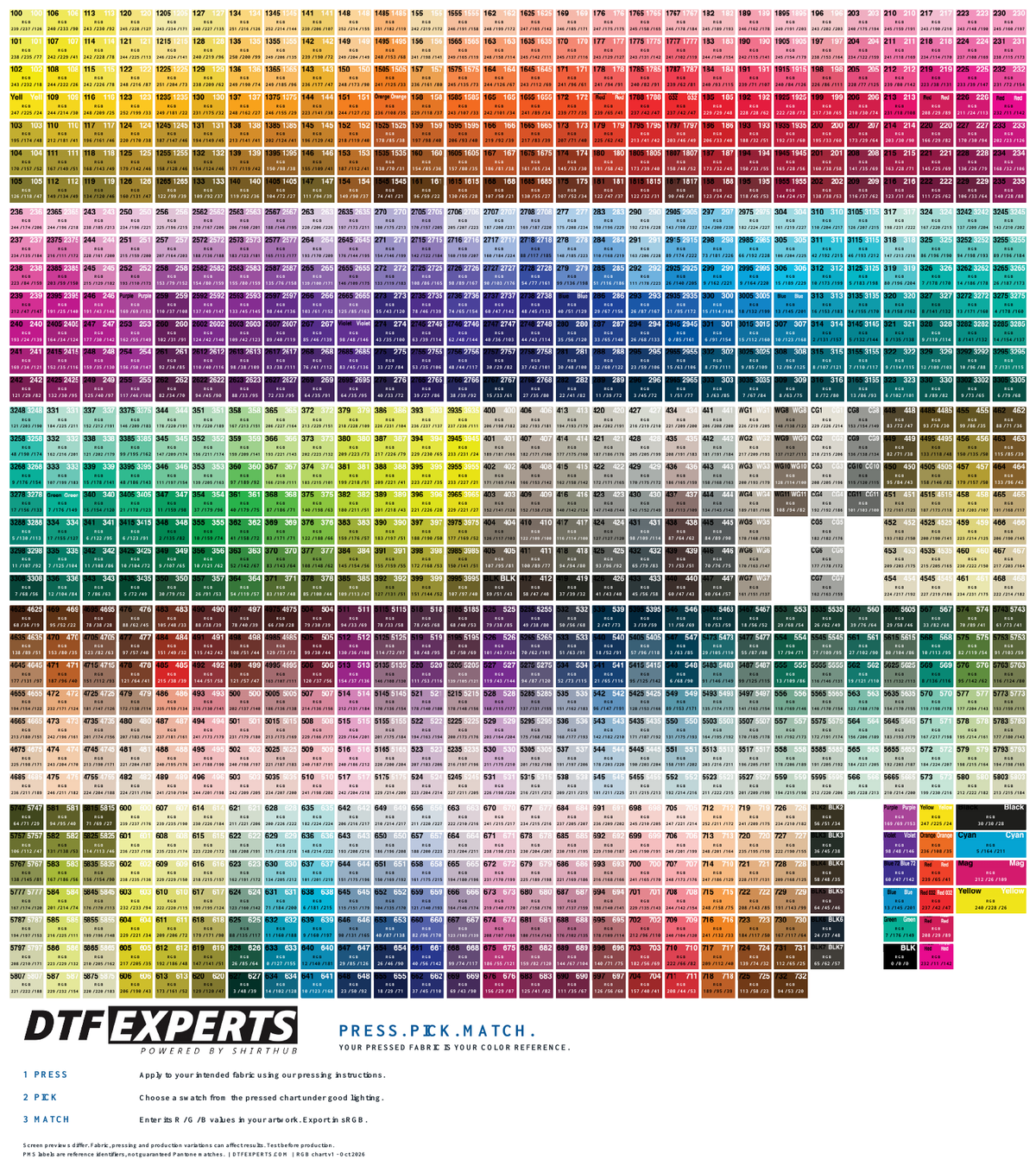 DTF Experts color chart with 954 RGB-labeled swatches