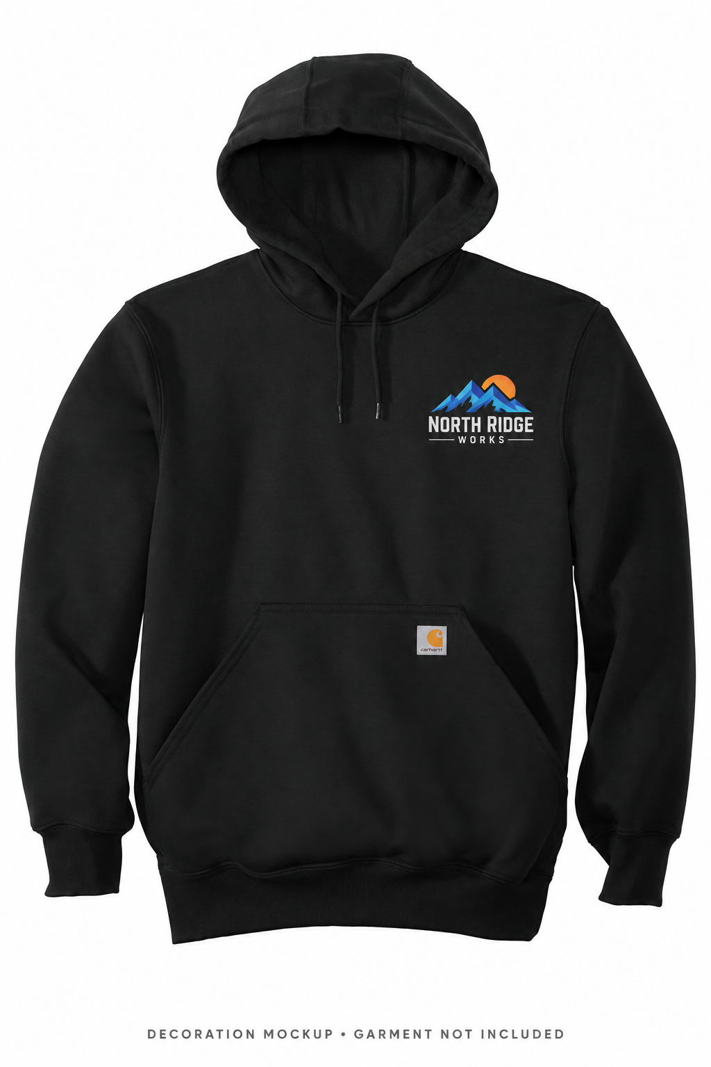 Carhartt Rain Defender hoodie with left-chest sample logo; decoration mockup, garment not included
