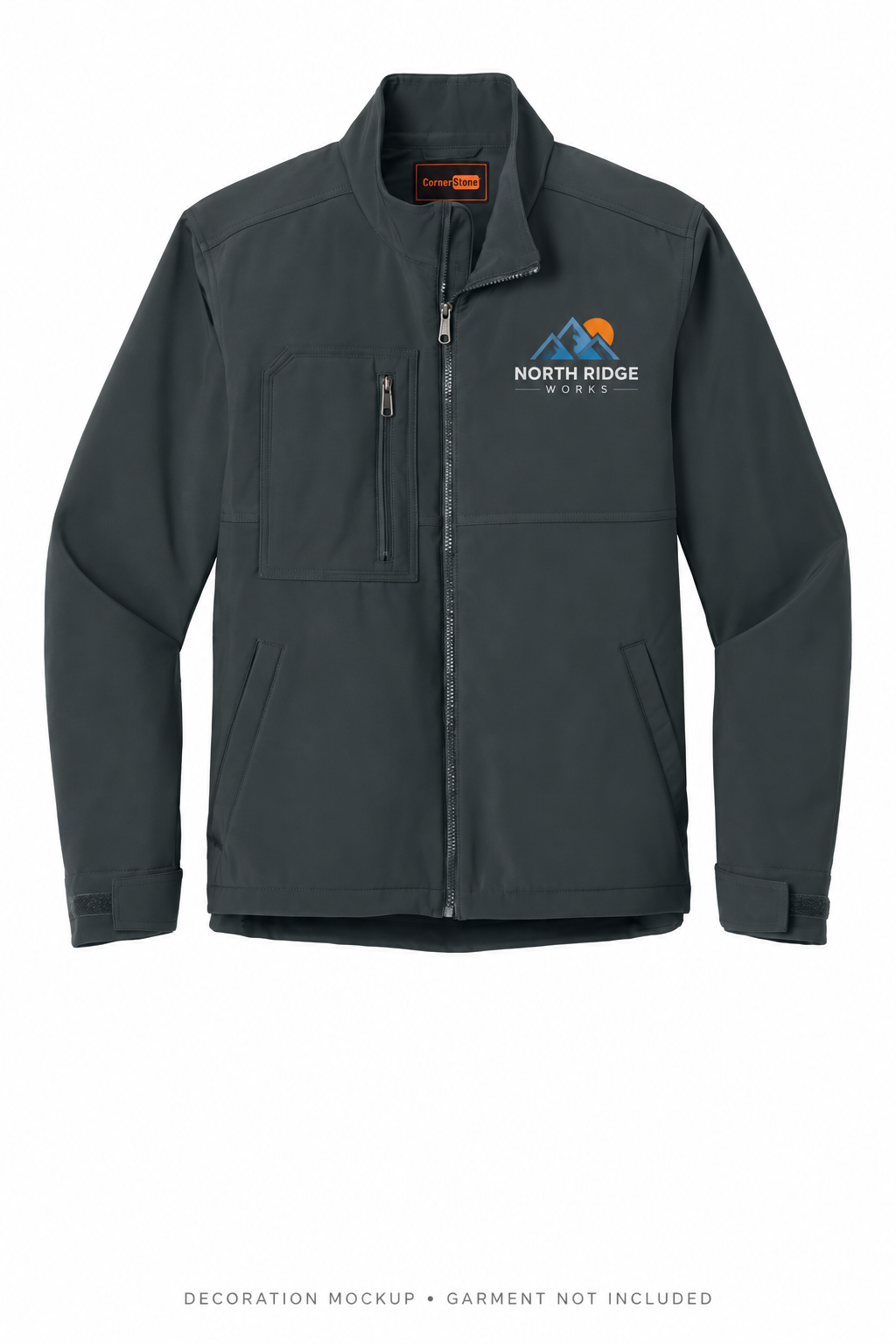 Workwear jacket with left-chest sample logo; decoration mockup, garment not included