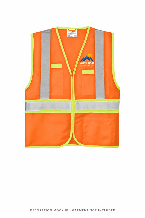 Illustrative workwear decoration with left-chest logo. Mockup; garment not included.