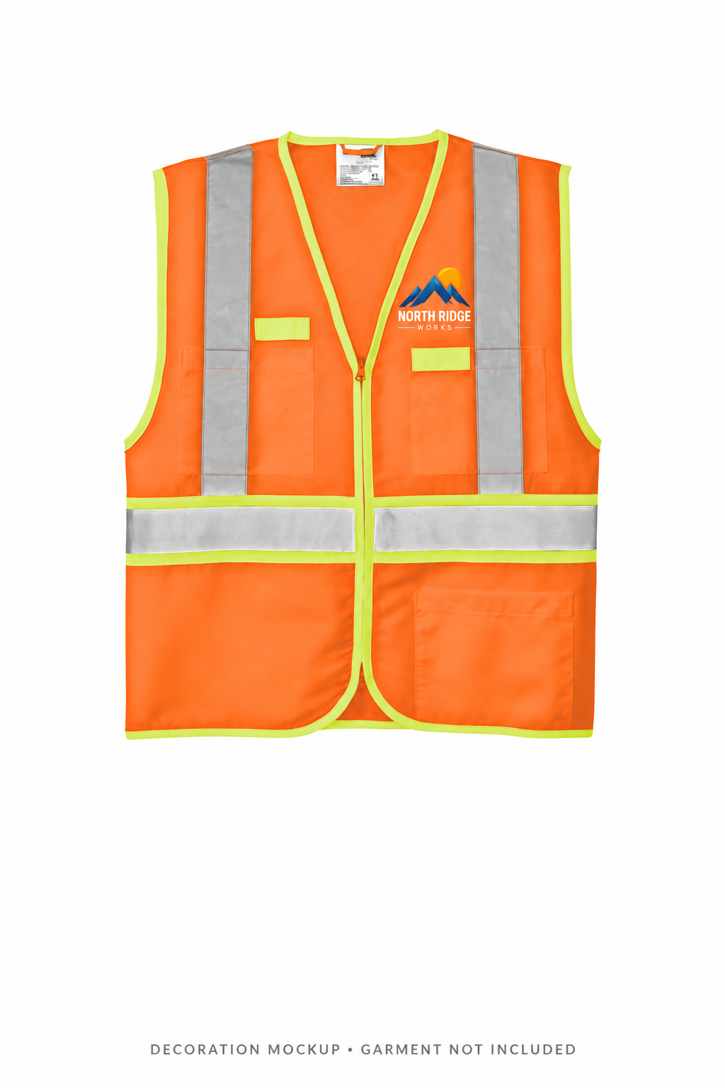 Safety vest with left-chest sample logo; decoration mockup, garment not included