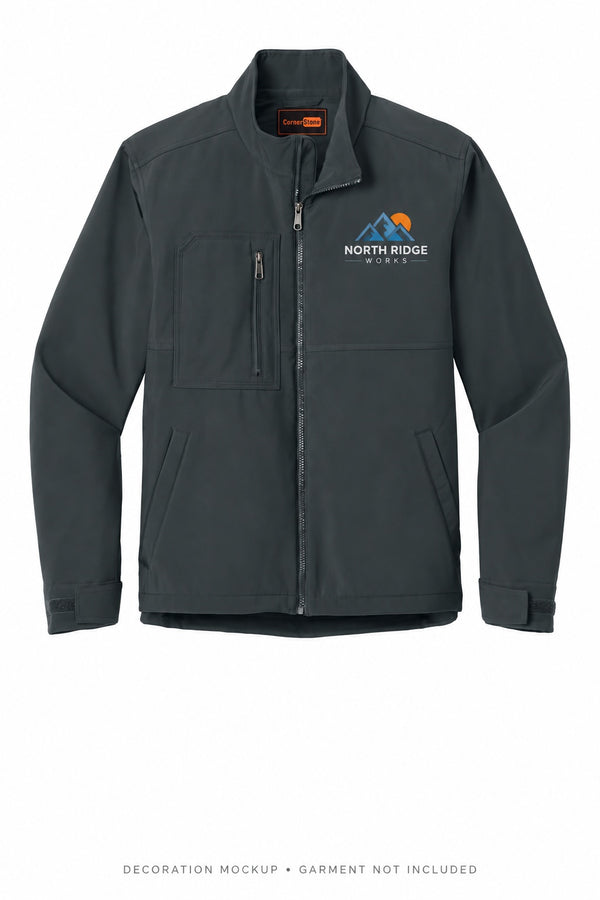 Illustrative workwear decoration with left-chest logo. Mockup; garment not included.