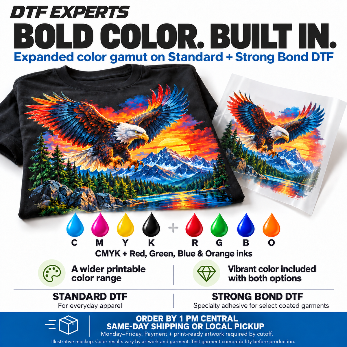 Bold color, built in: CMYK plus red, green, blue and orange inks on Standard and Strong Bond DTF. Order by 1 PM Central weekdays for same-day shipping or pickup; payment and print-ready artwork required.