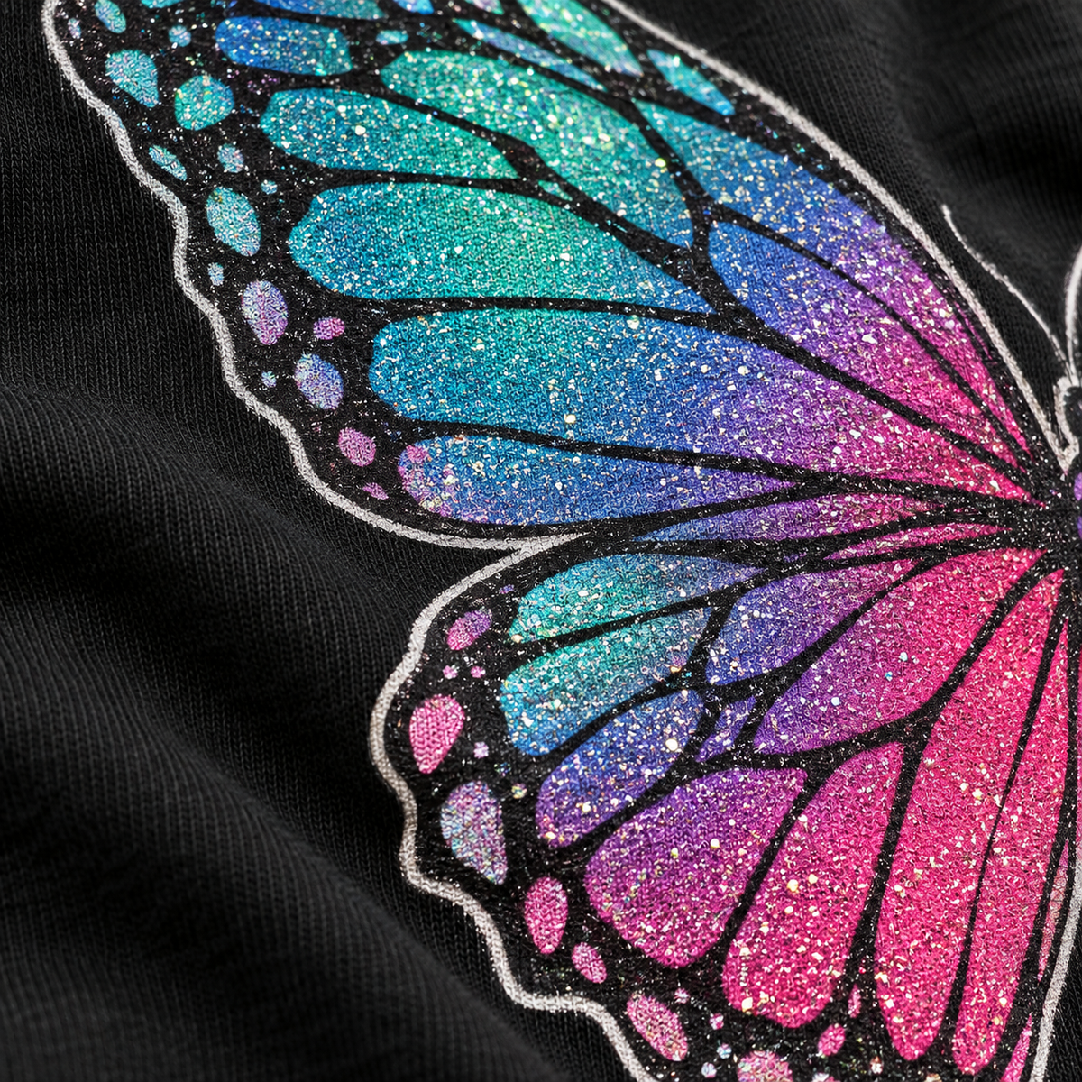 Illustrative mockup: close-up of a multicolor Glitter DTF butterfly on black fabric. Actual sparkle varies with artwork, fabric and lighting.