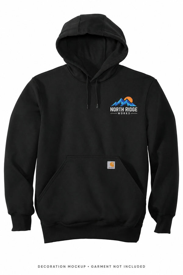 Illustrative workwear decoration with left-chest logo. Mockup; garment not included.